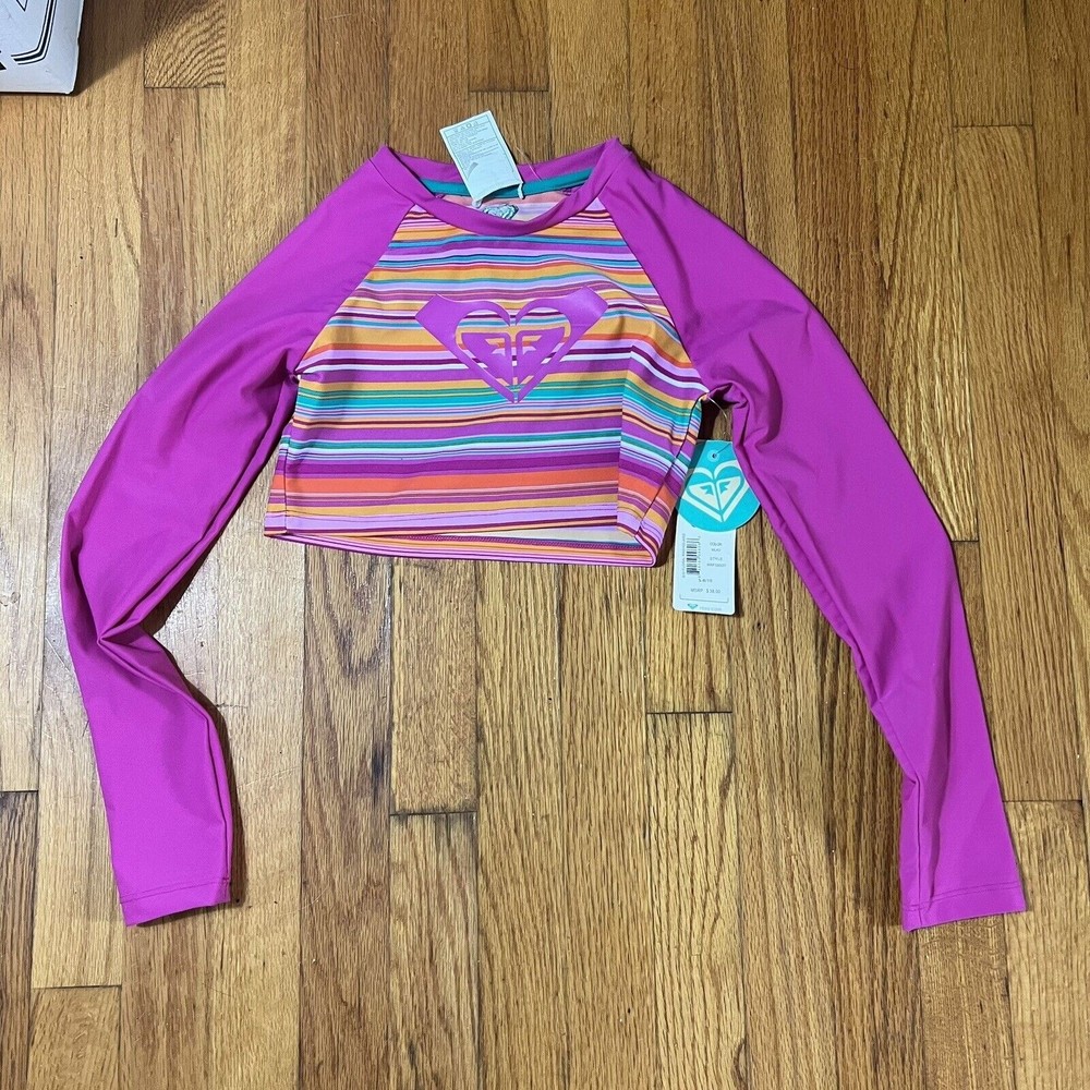 NWT Roxy Girl Big Floral Rash Guard Long Sleeve Pink Small 8-10
